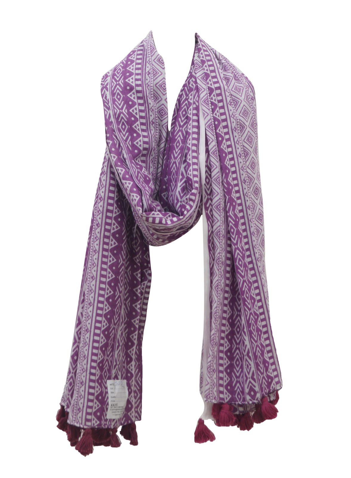 Purple printed pareo with pom-pom tassel trim
