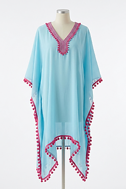 Pom Pom Trim Chiffon Kaftan Beach Dress