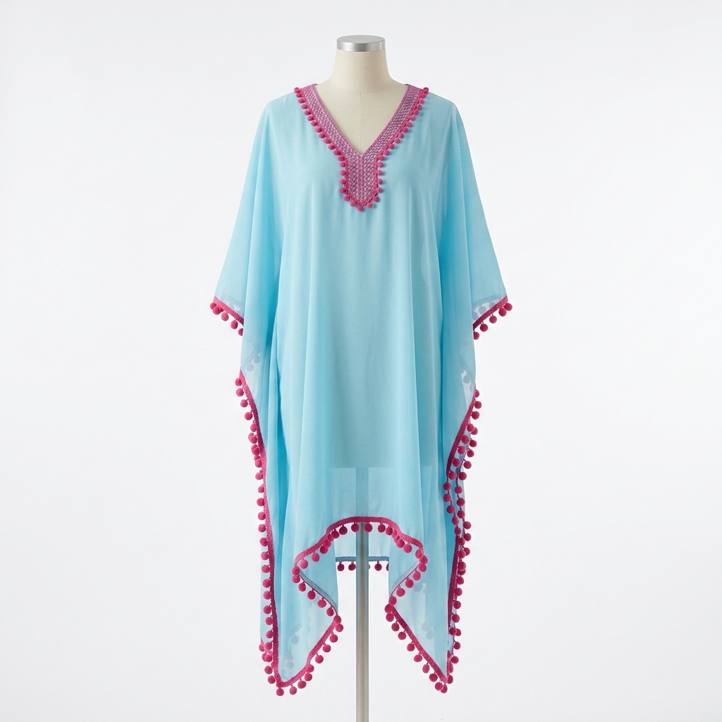 Pom Pom Trim Chiffon Kaftan Beach Dress