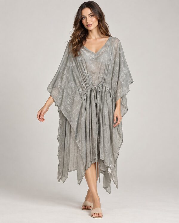 Tasseled Waterfall Viscose Beach Kaftan worn by a model, KK Fashion Exports