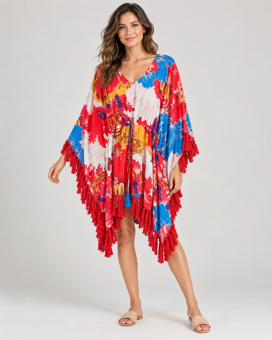 Tasseled Waterfall Viscose Beach Kaftan worn by a model, KK Fashion Exports