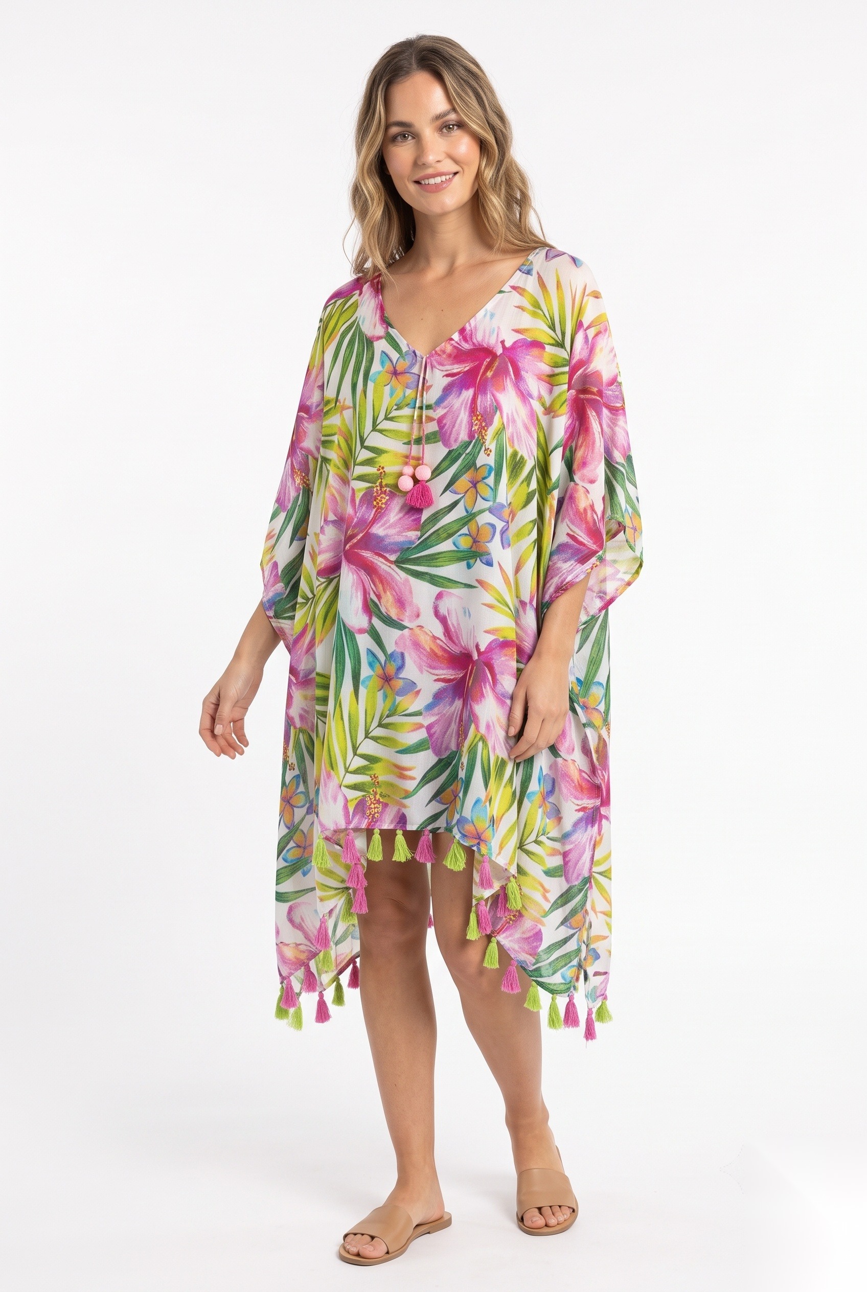 Tasseled Waterfall Viscose Beach Kaftan worn by a model, KK Fashion Exports
