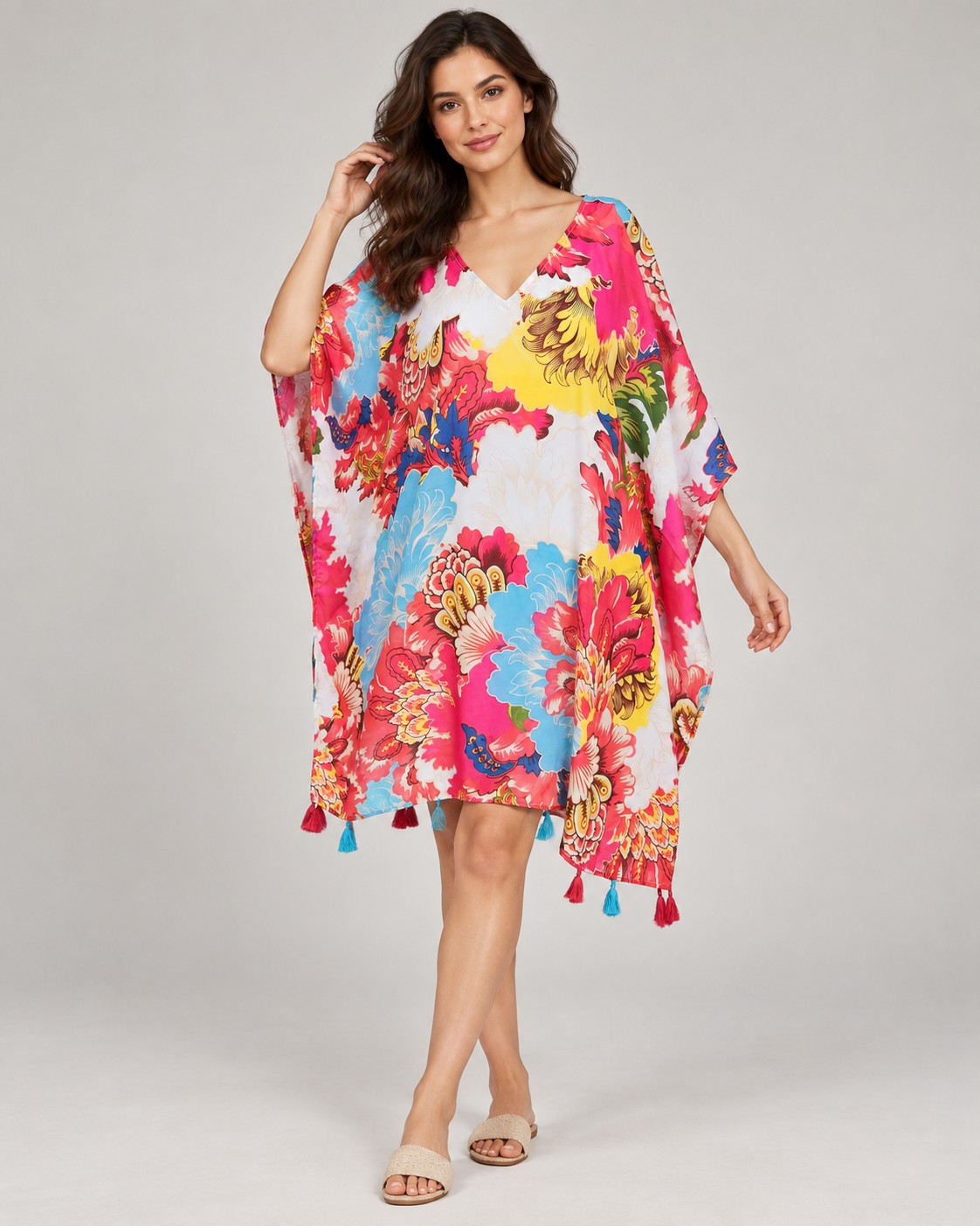 Tasseled Waterfall Viscose Beach Kaftan worn by a model, KK Fashion Exports