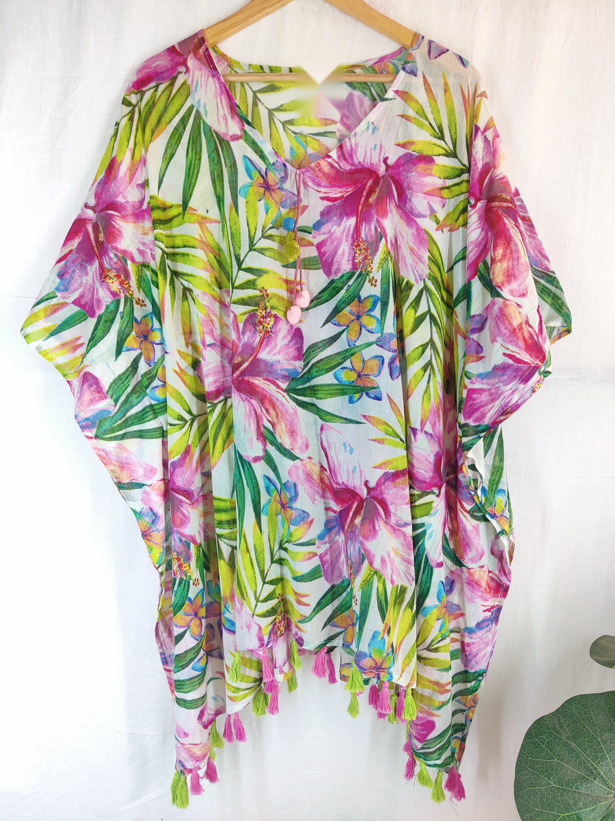 Pink and green tropical print beach kaftan with tassel trim