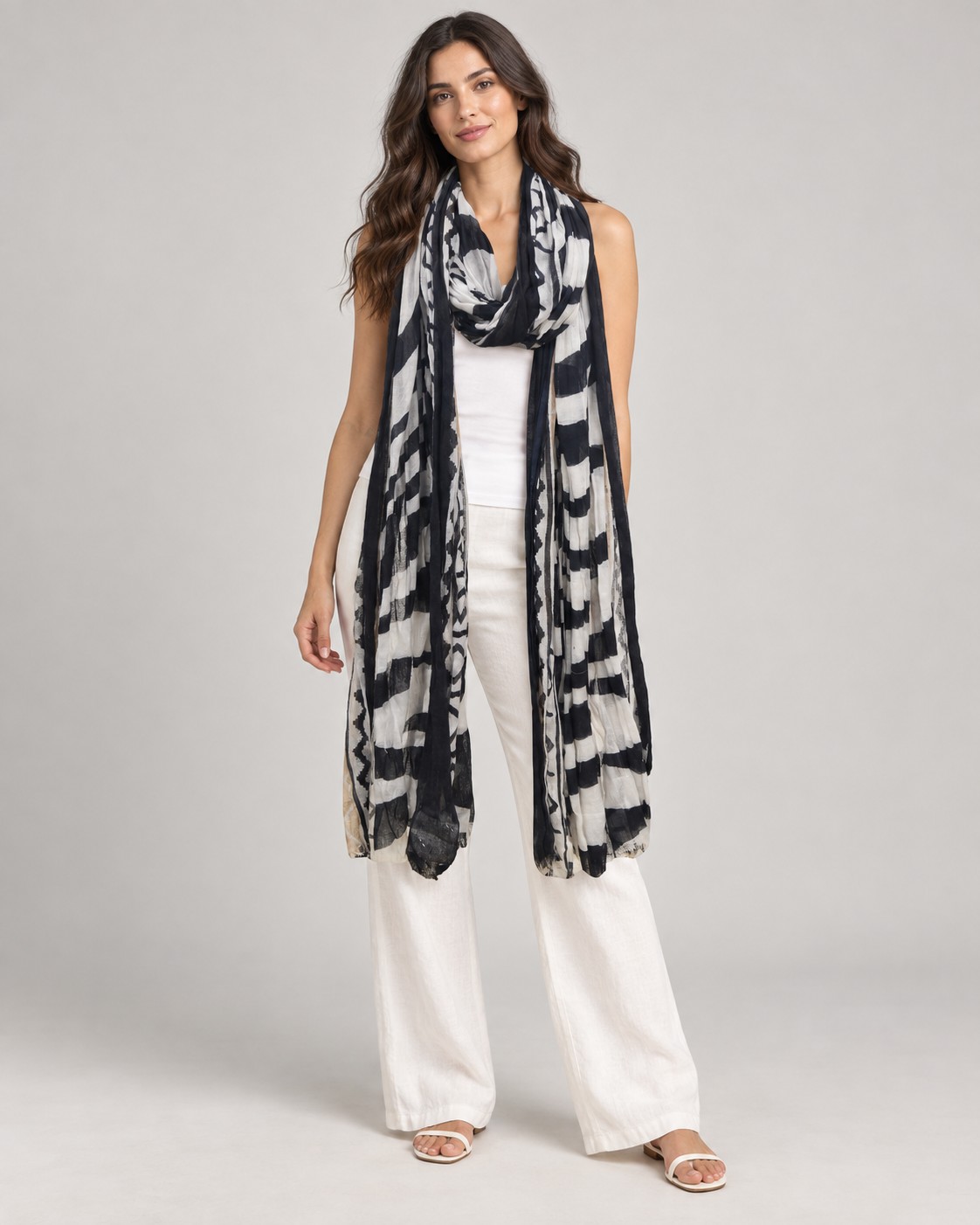 Tie-Dye Shibori Cotton Scarves worn by a model, KK Fashion Exports