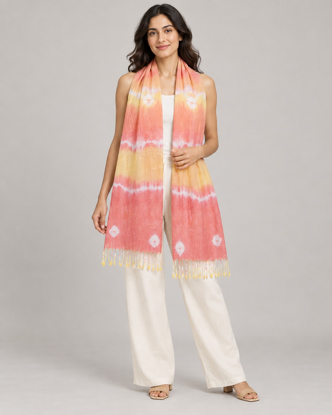 Tie-Dye Shibori Cotton Scarves worn by a model, KK Fashion Exports