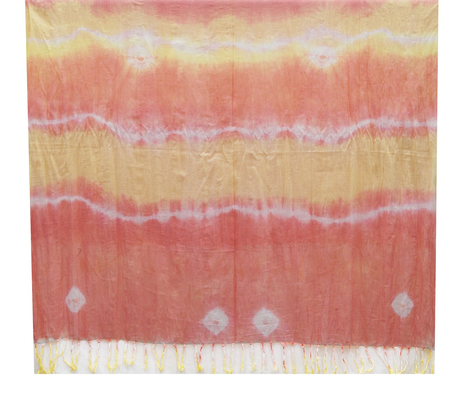 Pink and yellow tie-dye cotton scarf laid flat