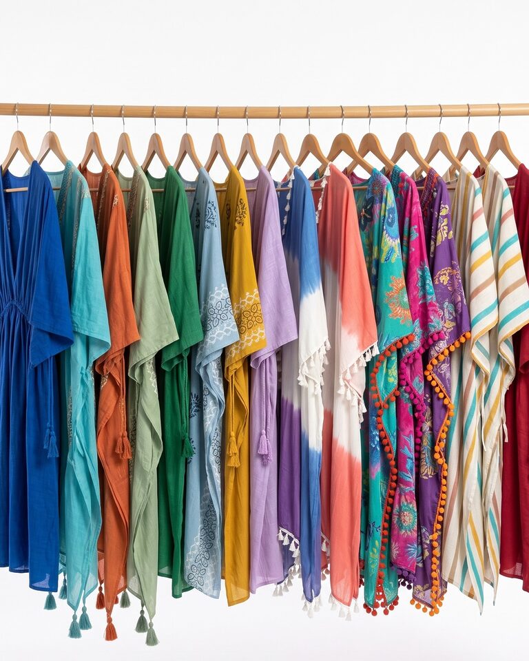 A wooden rail of printed cotton kaftans arranged as a colour gradient from blue through green and yellow to red, pink and lilac: block prints, dip-dye ombre, stripes, pom-pom and tassel trims.