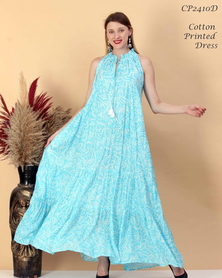 Turquoise cotton printed tiered maxi dress (style CP2410D)