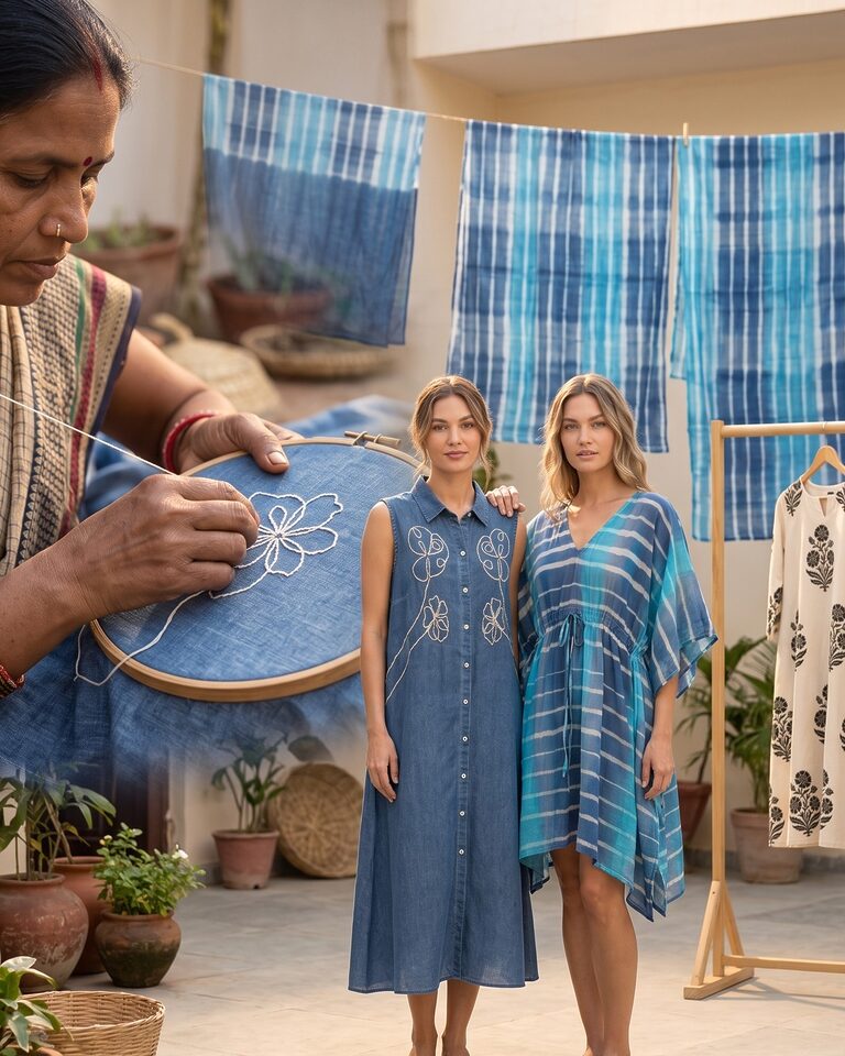 An artisan hand-embroidering flowers on blue cotton in a hoop, tie-dyed cotton drying on a line, and two models in an embroidered denim-blue shirt dress and a blue tie-dye stripe kaftan, with a block-floral dress on a rail.