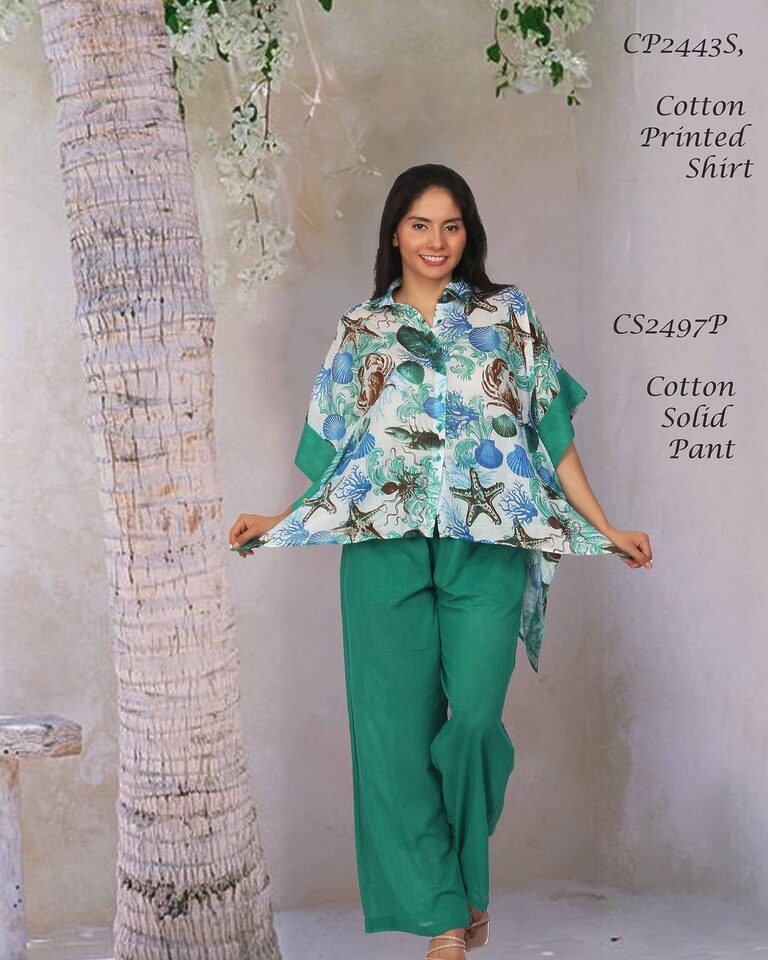 Cotton printed shirt worn with green solid cotton trousers (styles CP2443S and CS2497P)