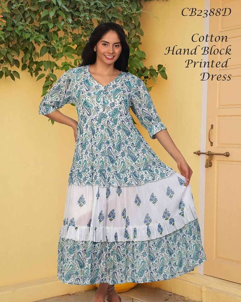 Cotton hand block printed tiered dress in blue and white (style CB2388D)