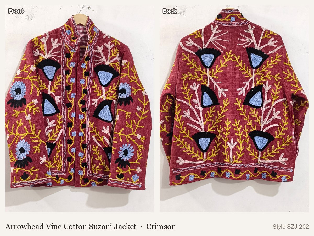 Arrowhead Vine Cotton Suzani Jacket in Crimson, front and back