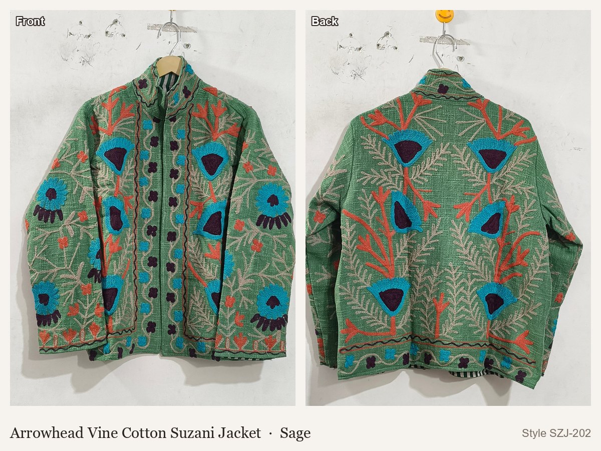 Arrowhead Vine Cotton Suzani Jacket in Sage, front and back