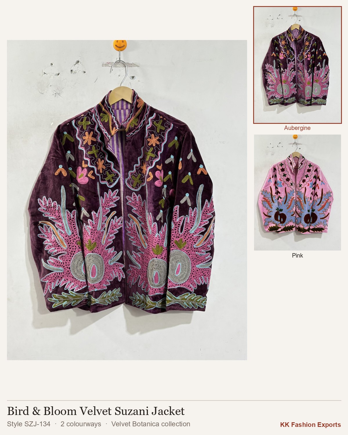 Bird & Bloom Velvet Suzani Jacket, style SZJ-134, shown in 2 colourways