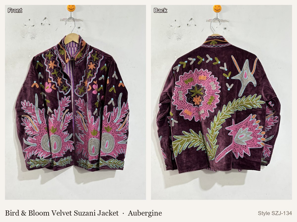 Bird & Bloom Velvet Suzani Jacket in Aubergine, front and back