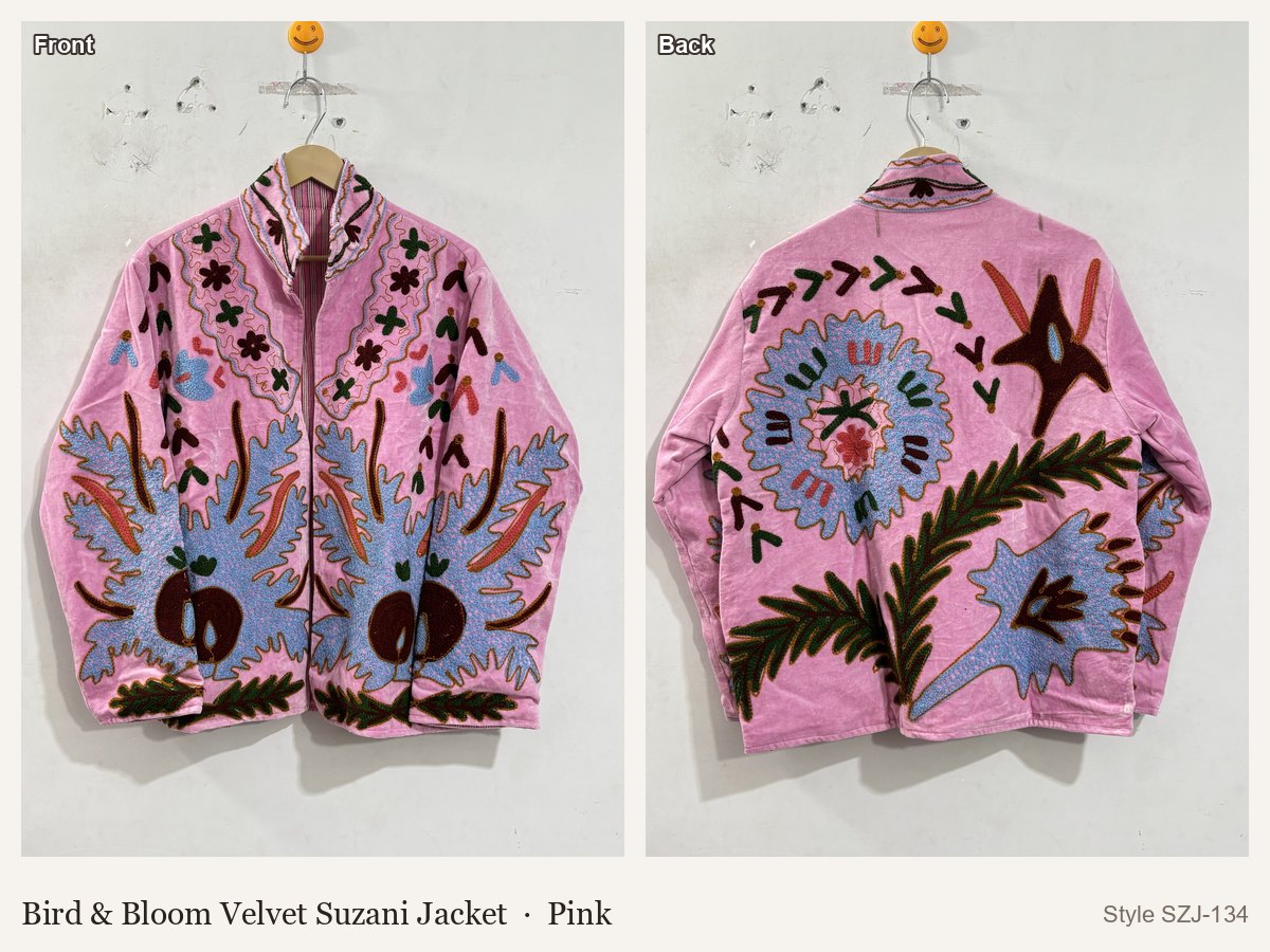 Bird & Bloom Velvet Suzani Jacket in Pink, front and back