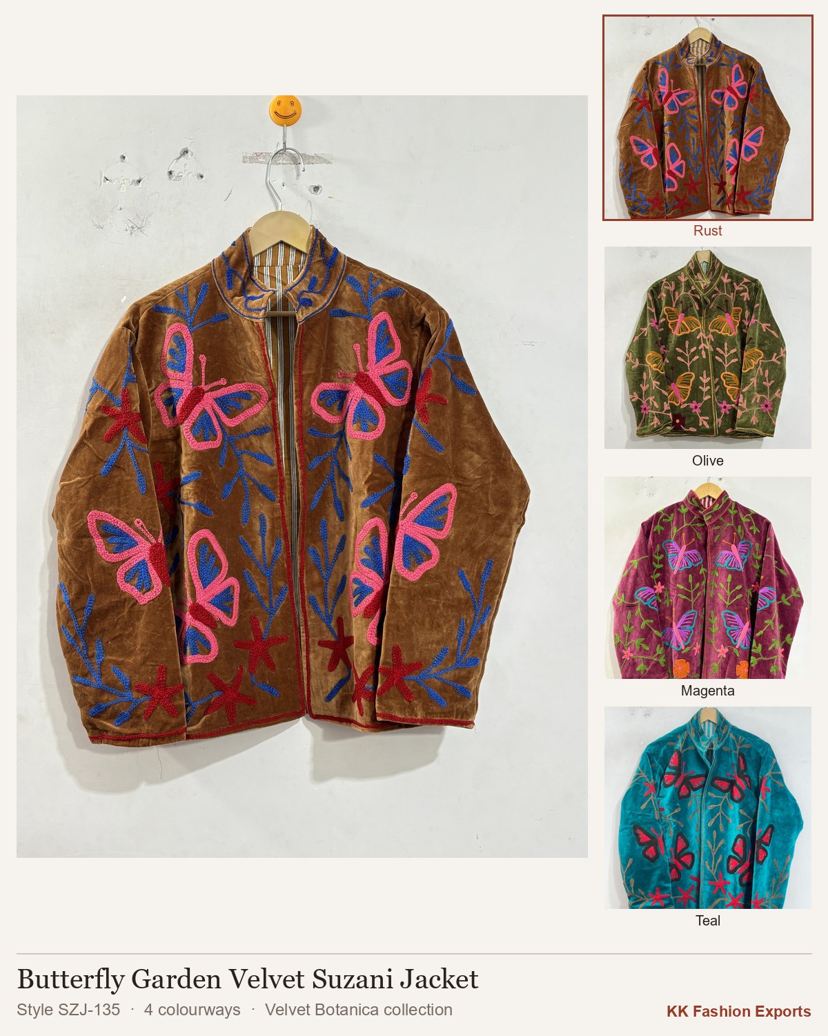 Butterfly Garden Velvet Suzani Jacket, style SZJ-135, shown in 4 colourways