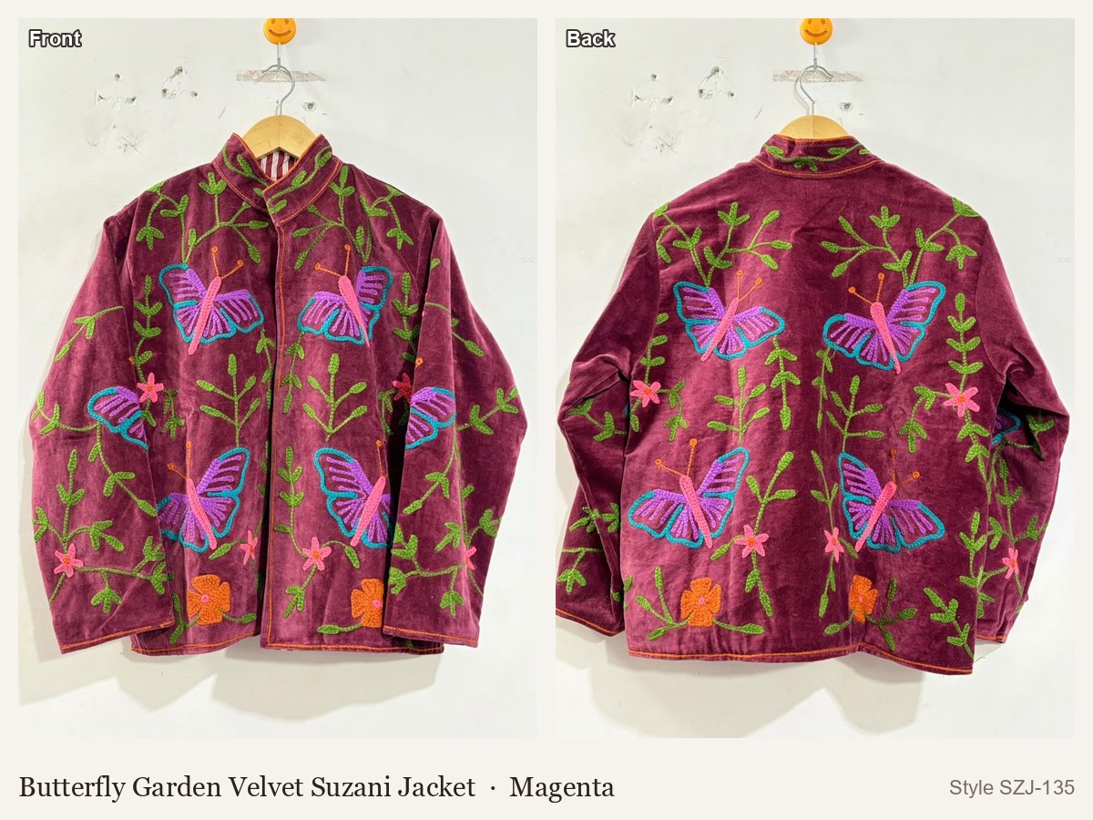 Butterfly Garden Velvet Suzani Jacket in Magenta, front and back