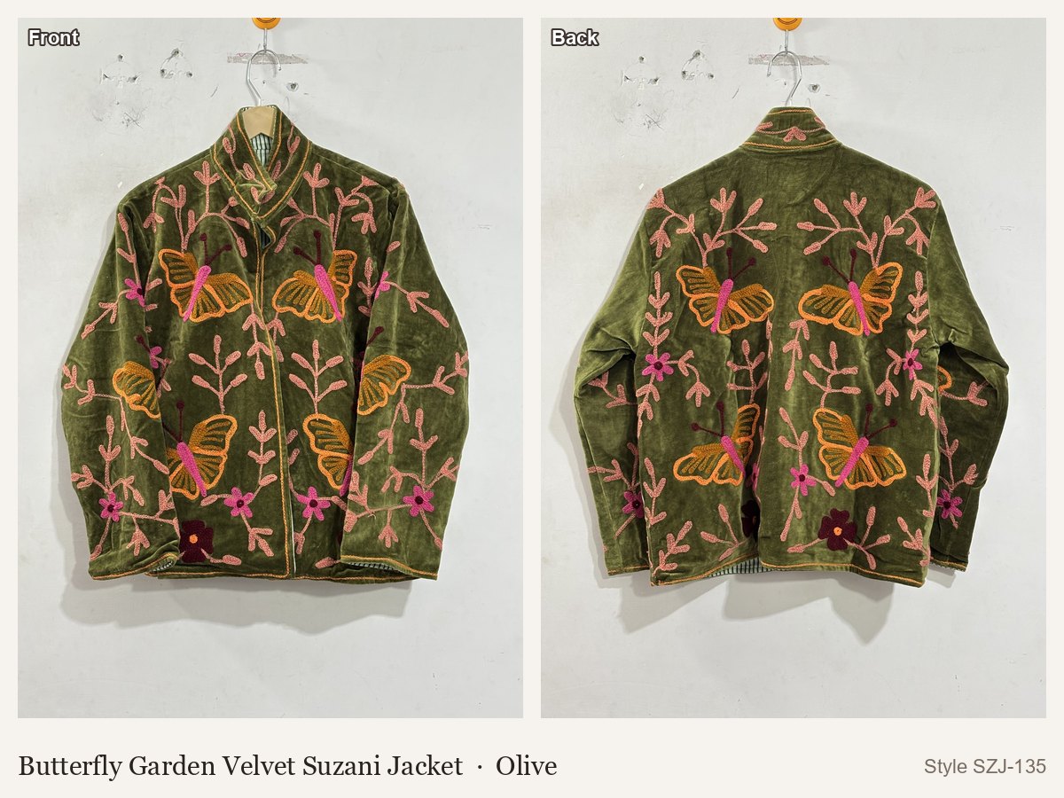 Butterfly Garden Velvet Suzani Jacket in Olive, front and back