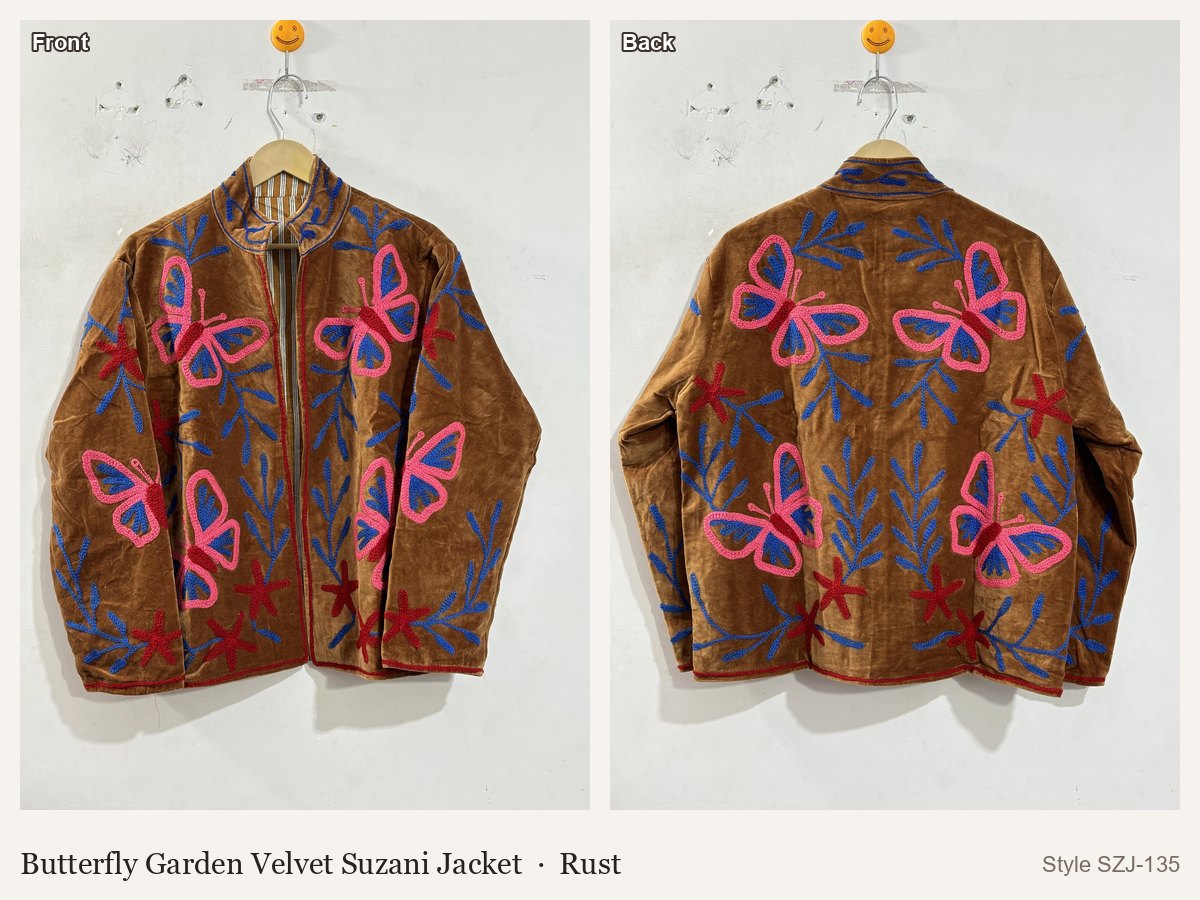 Butterfly Garden Velvet Suzani Jacket in Rust, front and back