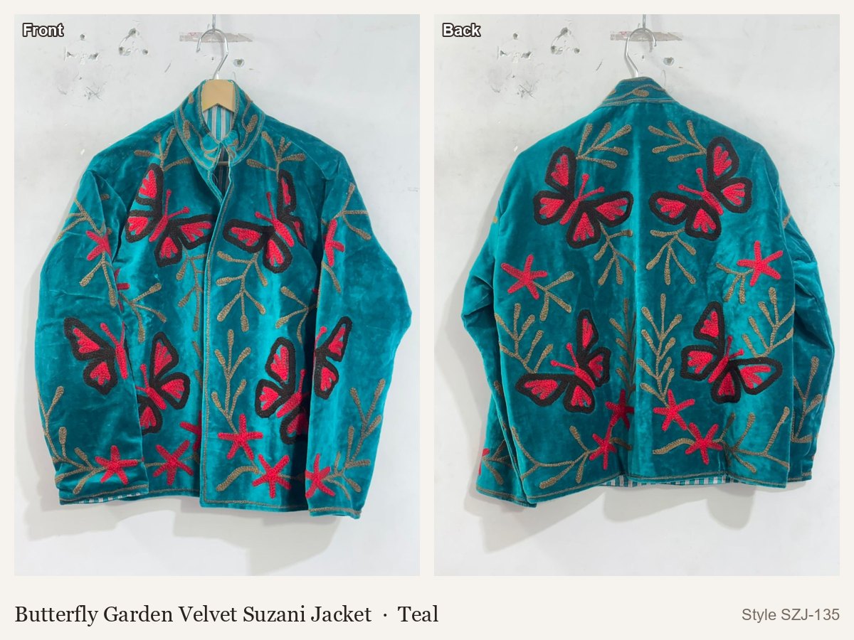 Butterfly Garden Velvet Suzani Jacket in Teal, front and back