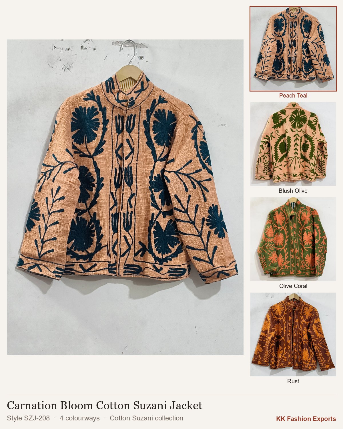 Carnation Bloom Cotton Suzani Jacket, style SZJ-208, shown in 4 colourways