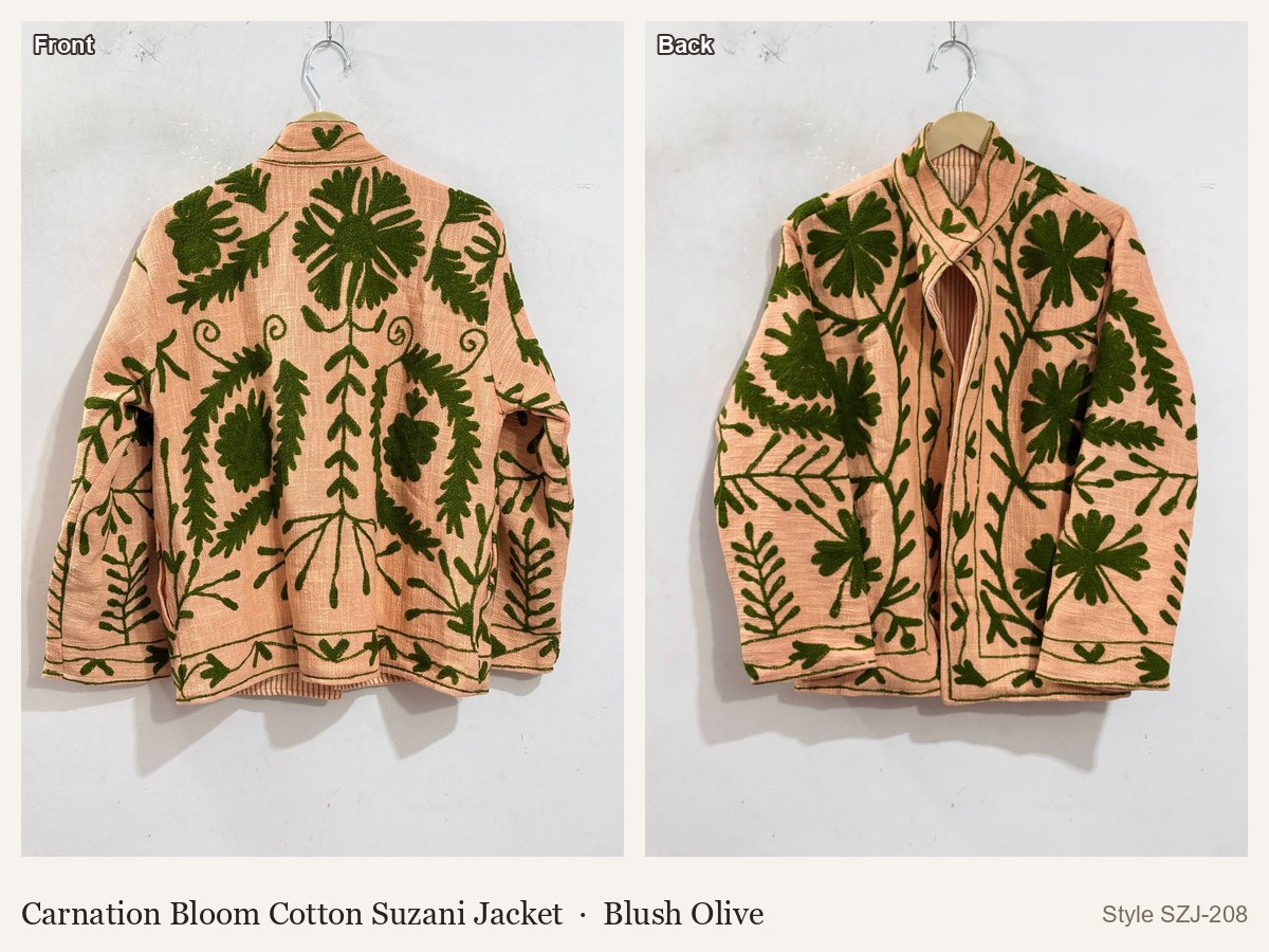 Carnation Bloom Cotton Suzani Jacket in Blush Olive, front and back