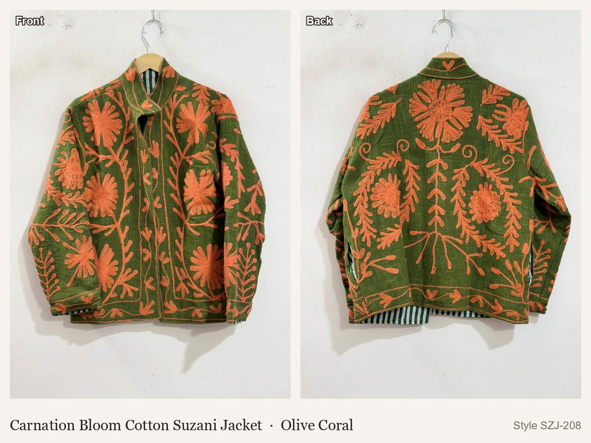 Carnation Bloom Cotton Suzani Jacket in Olive Coral, front and back