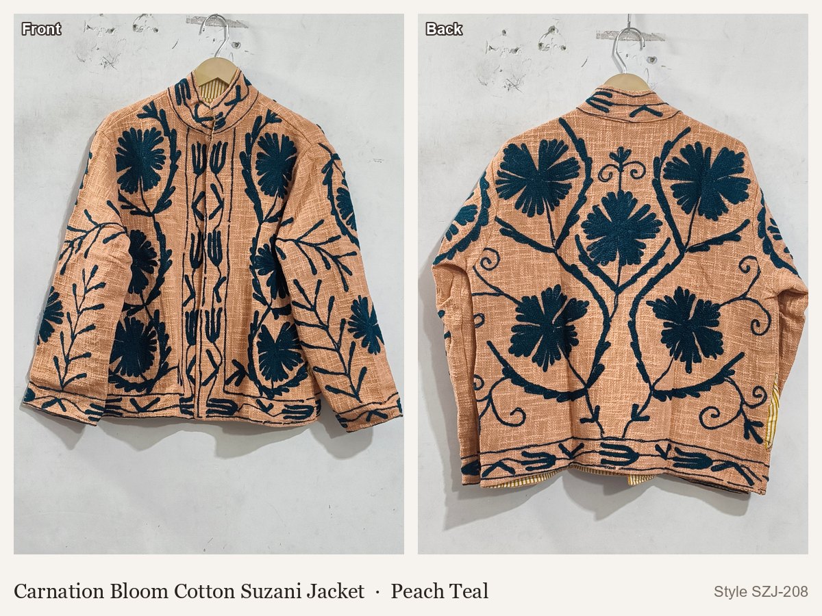 Carnation Bloom Cotton Suzani Jacket in Peach Teal, front and back