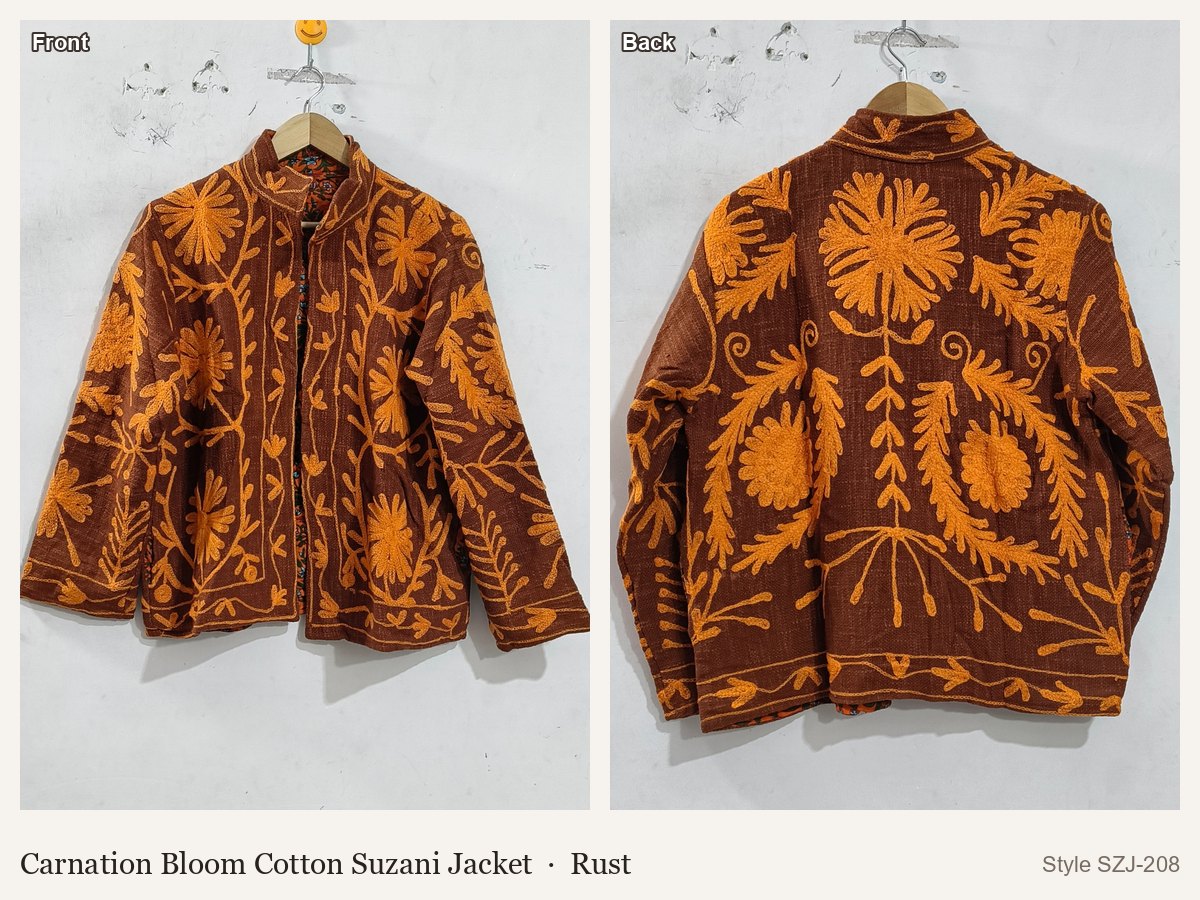 Carnation Bloom Cotton Suzani Jacket in Rust, front and back