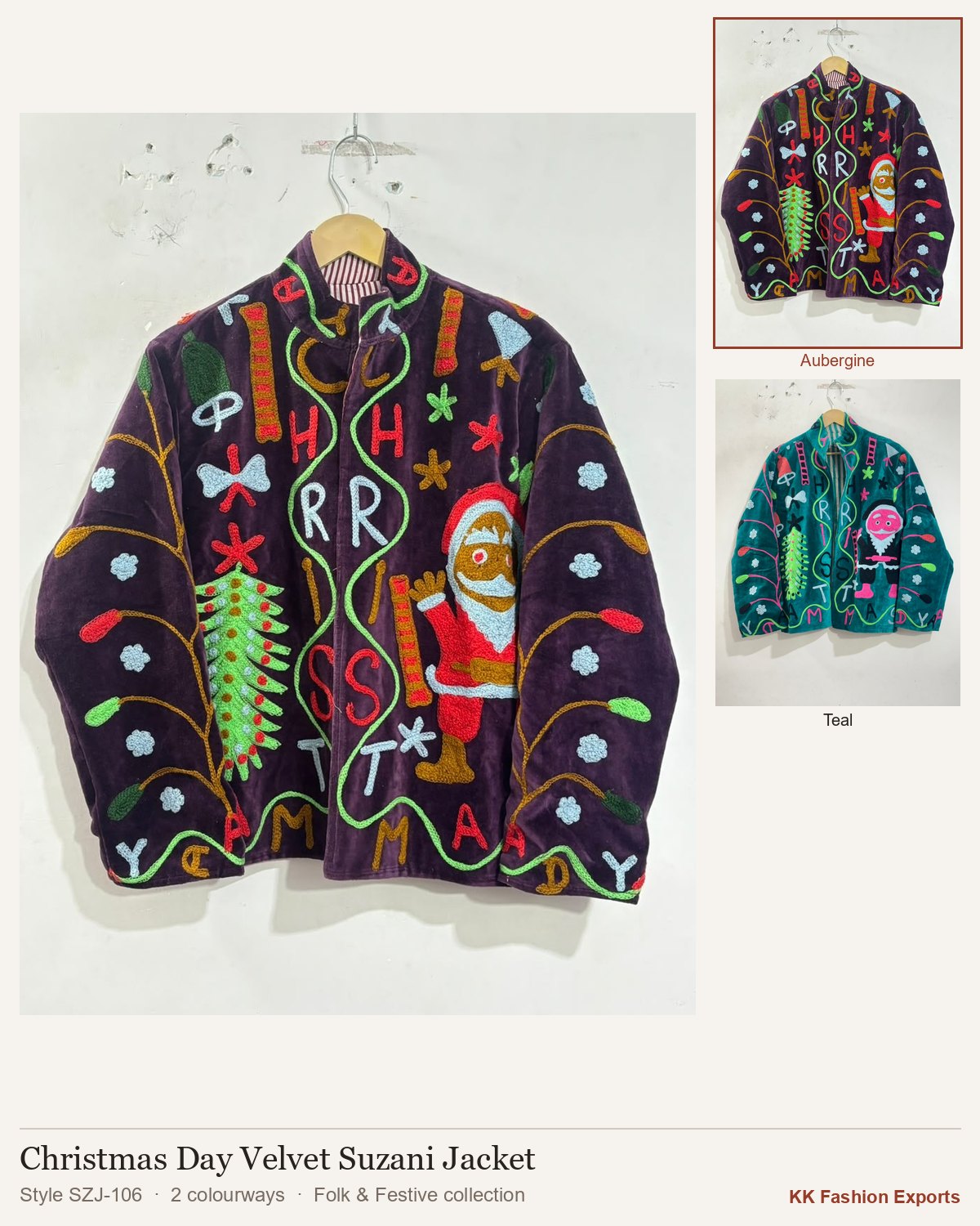 Christmas Day Velvet Suzani Jacket, style SZJ-106, shown in 2 colourways