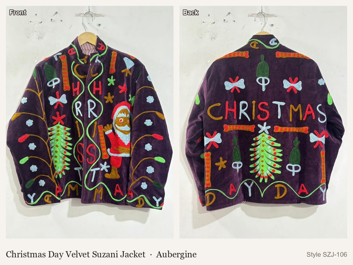 Christmas Day Velvet Suzani Jacket in Aubergine, front and back