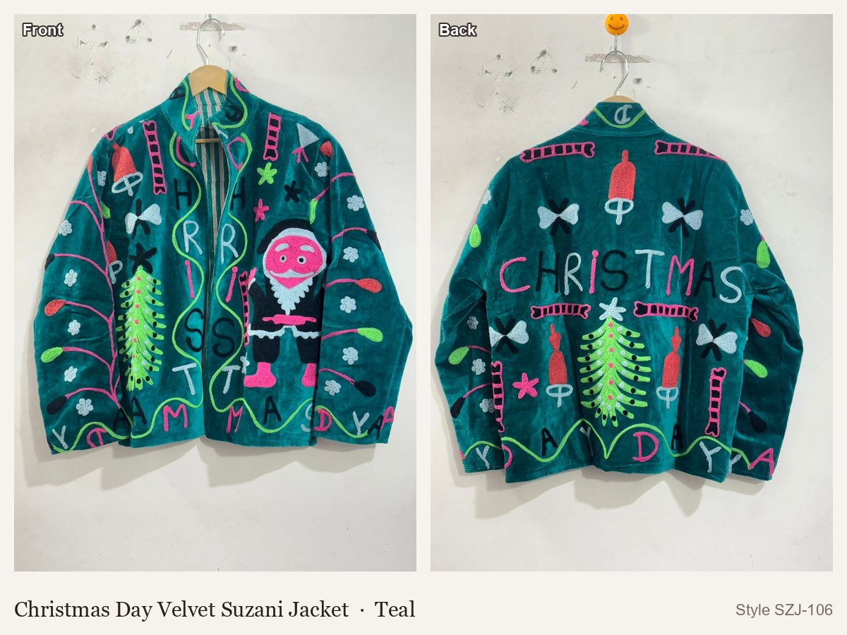 Christmas Day Velvet Suzani Jacket in Teal, front and back