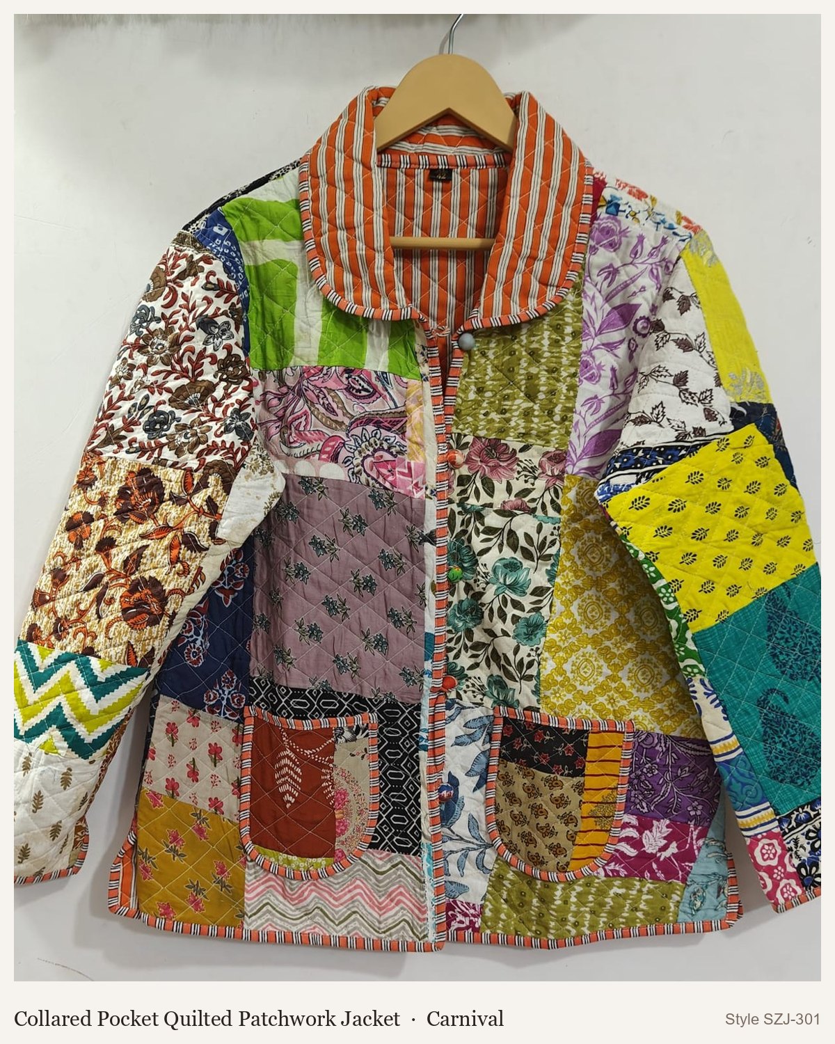 Collared Pocket Quilted Patchwork Jacket in Carnival, front and back