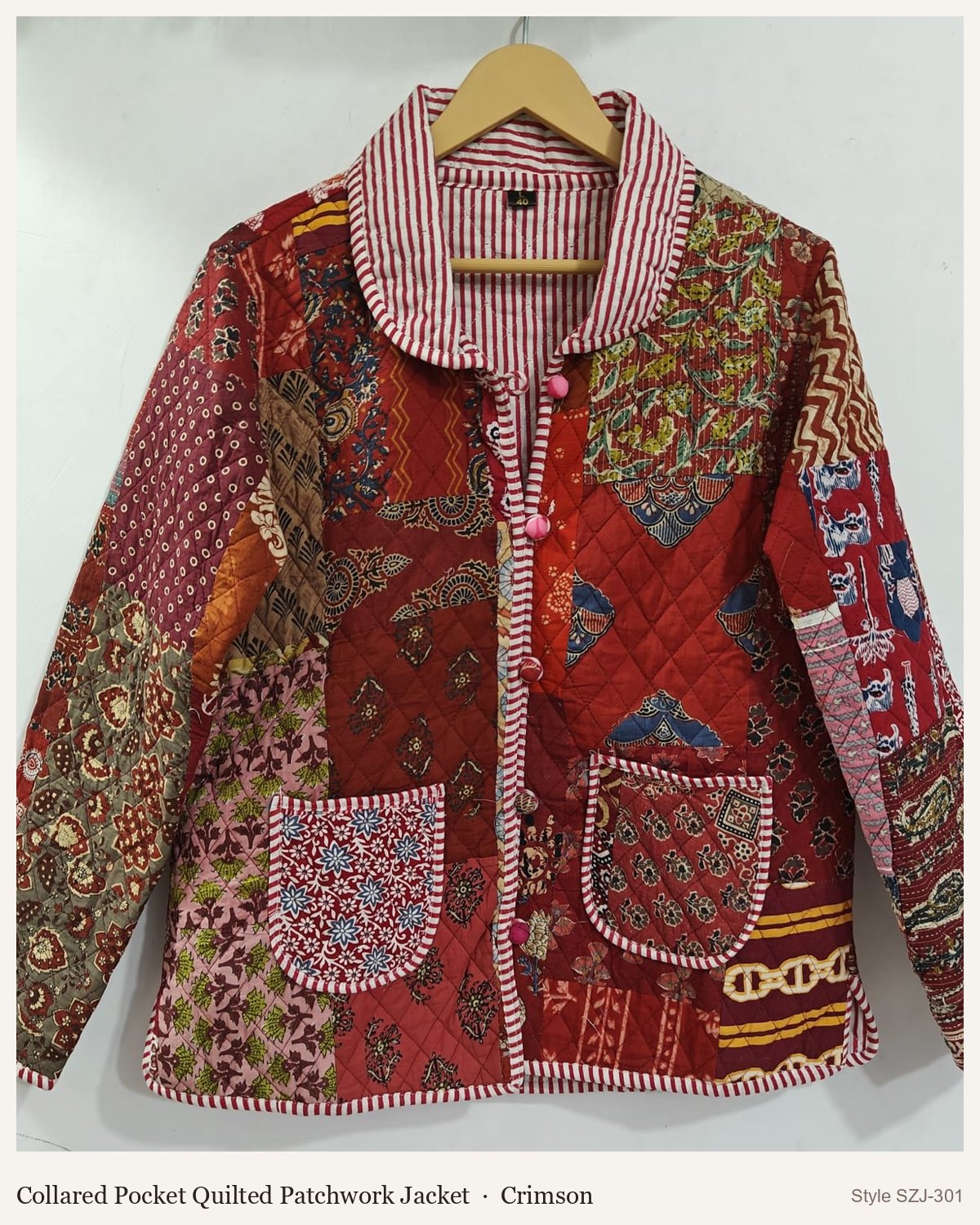 Collared Pocket Quilted Patchwork Jacket in Crimson, front and back