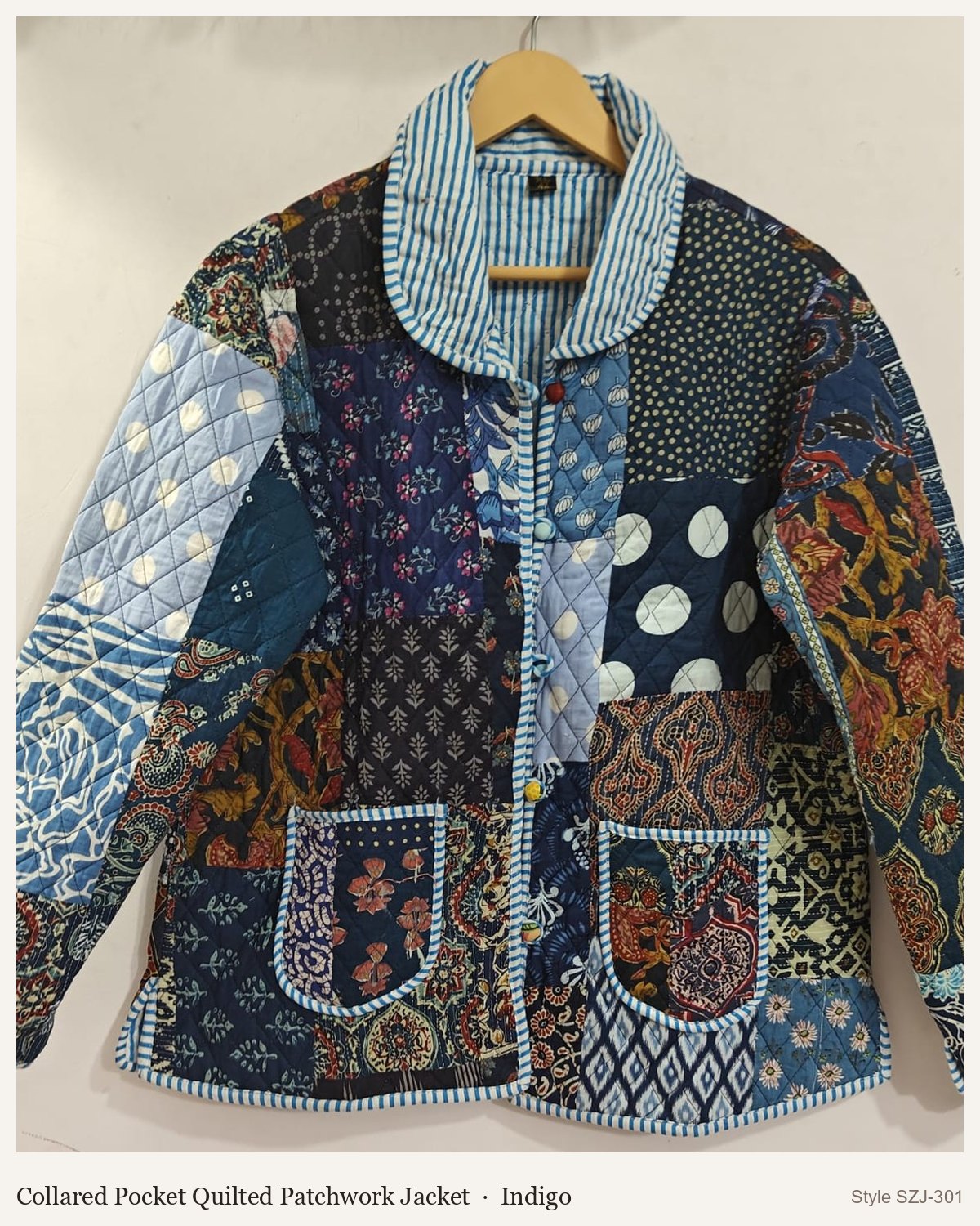 Collared Pocket Quilted Patchwork Jacket in Indigo, front and back