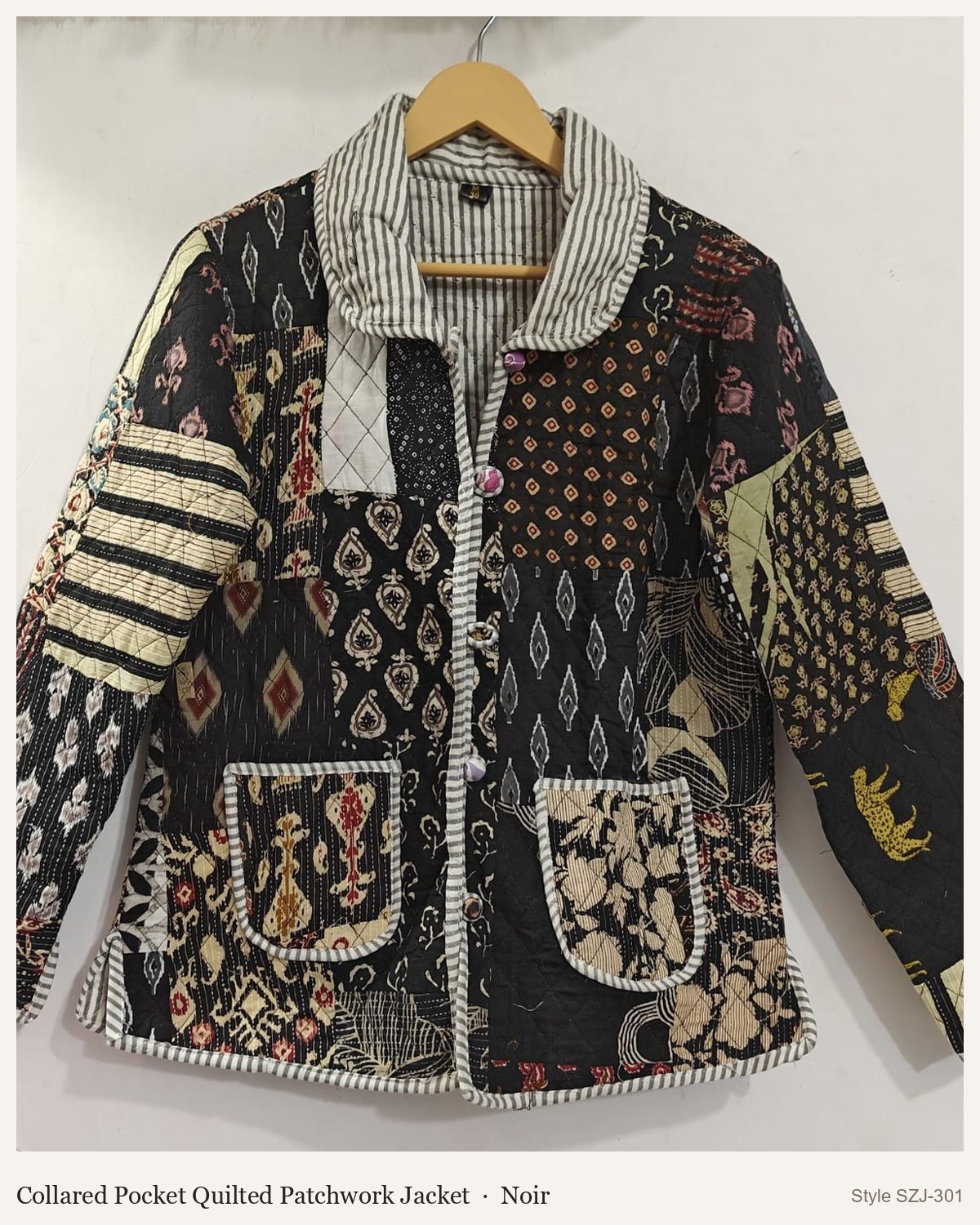 Collared Pocket Quilted Patchwork Jacket in Noir, front and back