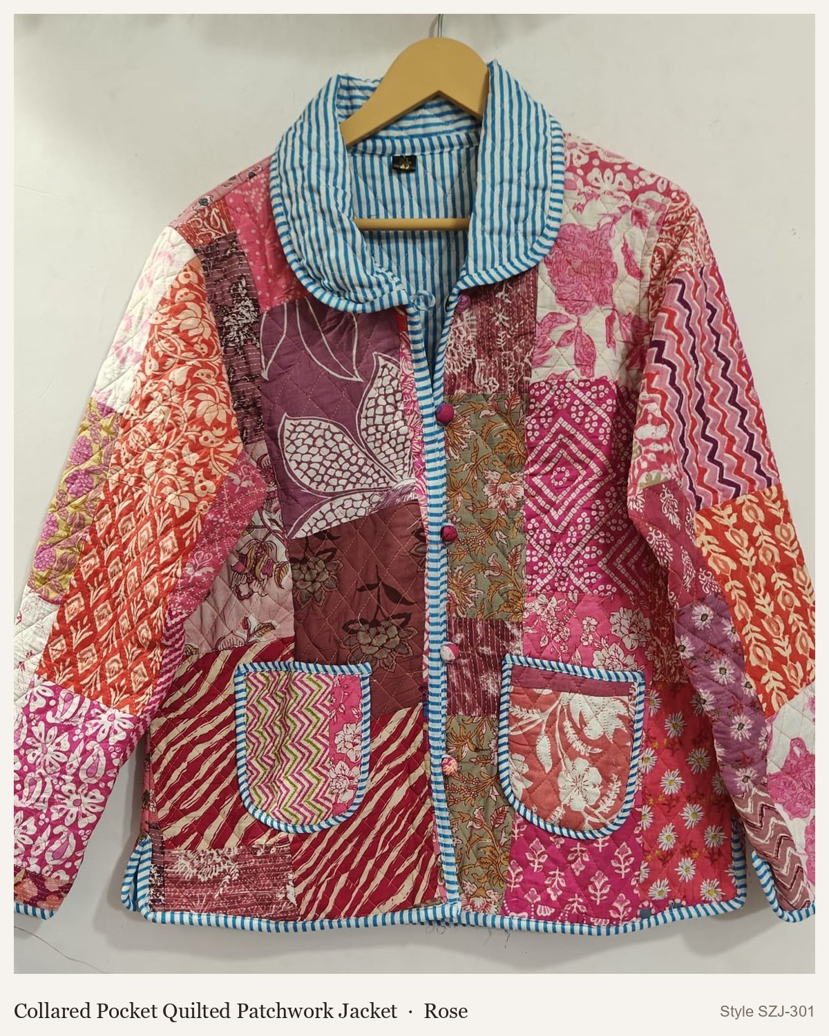 Collared Pocket Quilted Patchwork Jacket in Rose, front and back