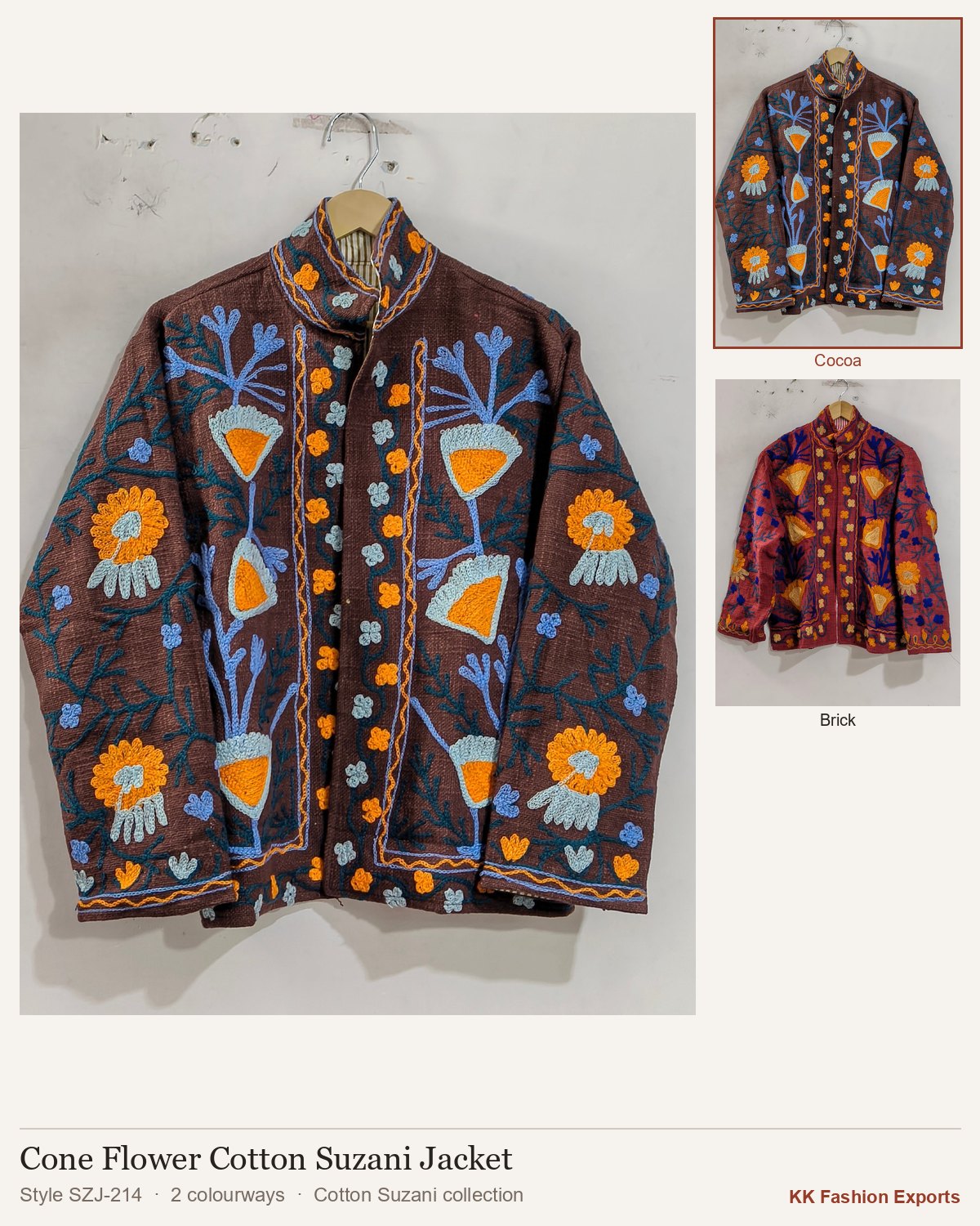 Cone Flower Cotton Suzani Jacket, style SZJ-214, shown in 2 colourways