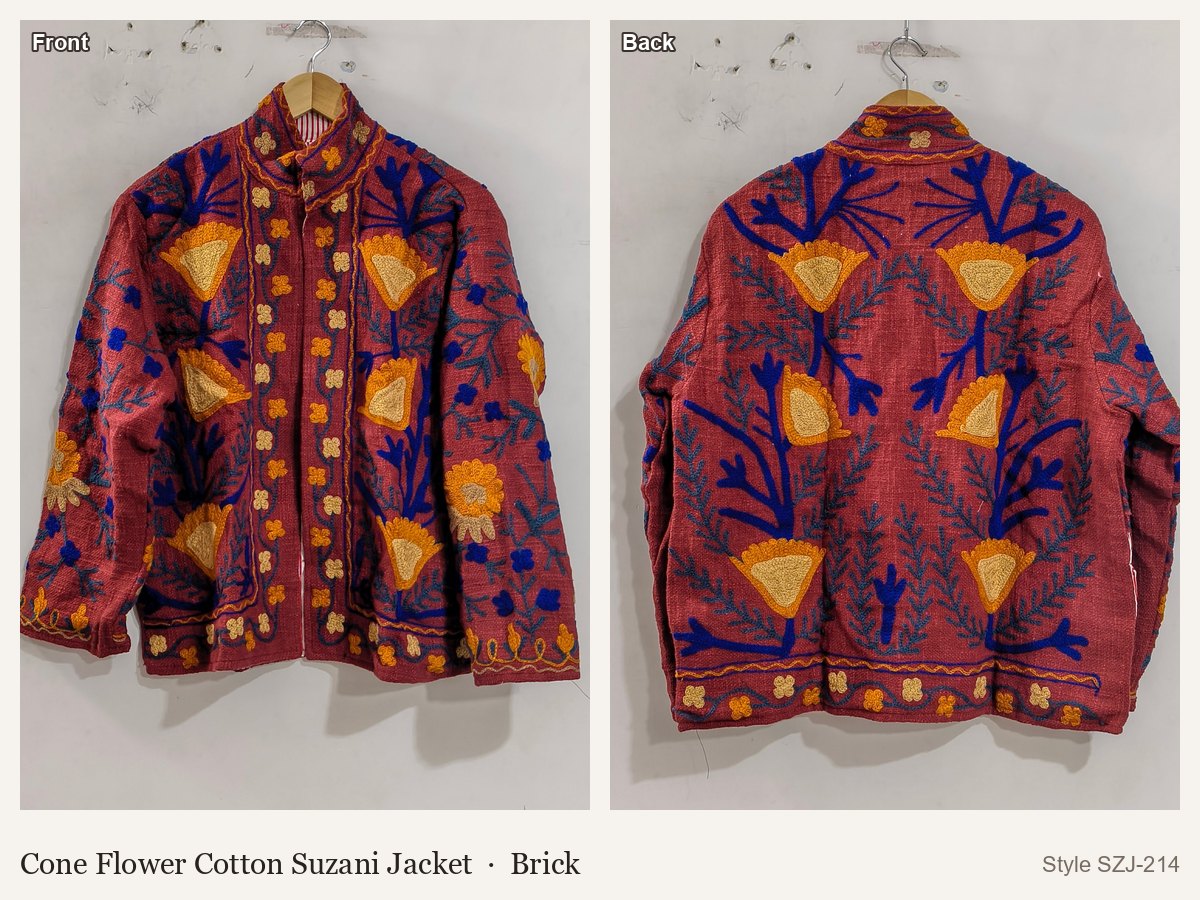 Cone Flower Cotton Suzani Jacket in Brick, front and back