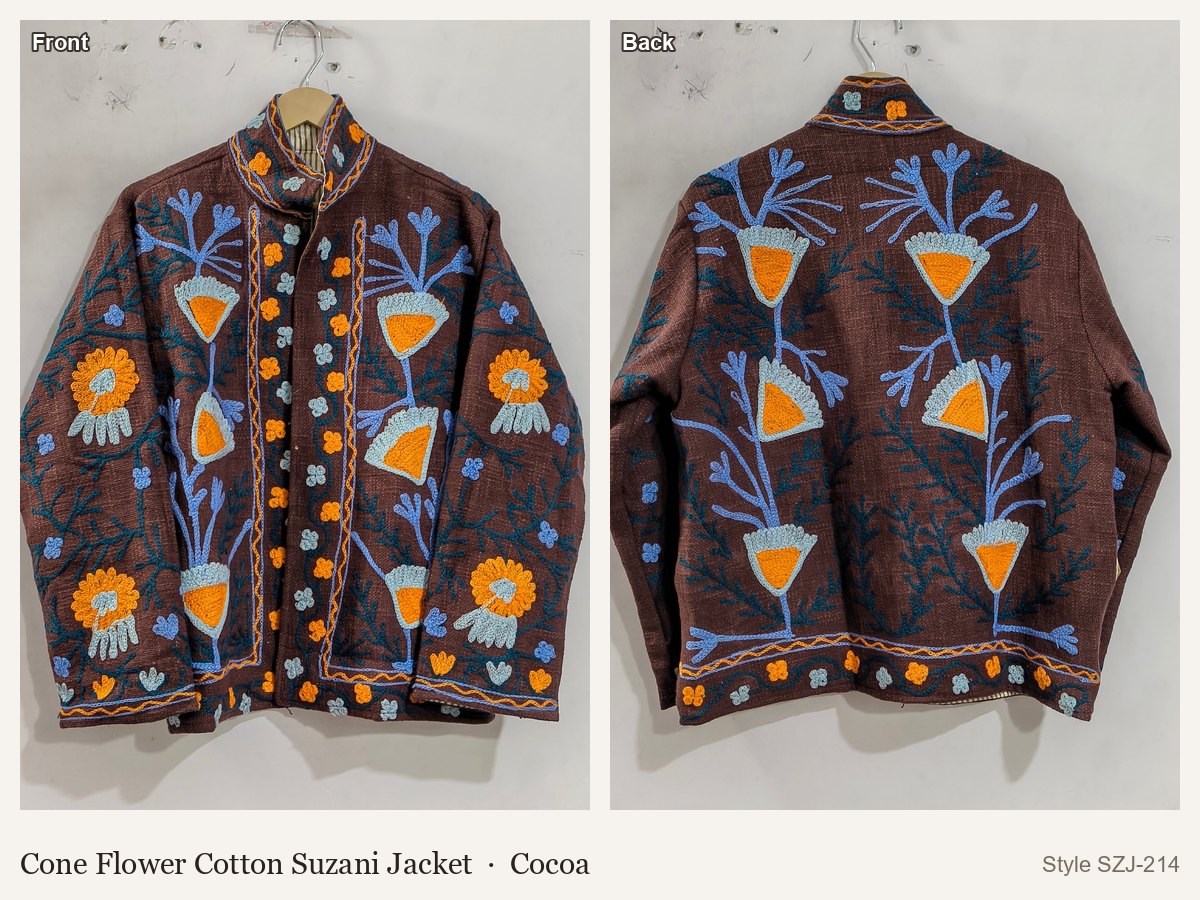 Cone Flower Cotton Suzani Jacket in Cocoa, front and back
