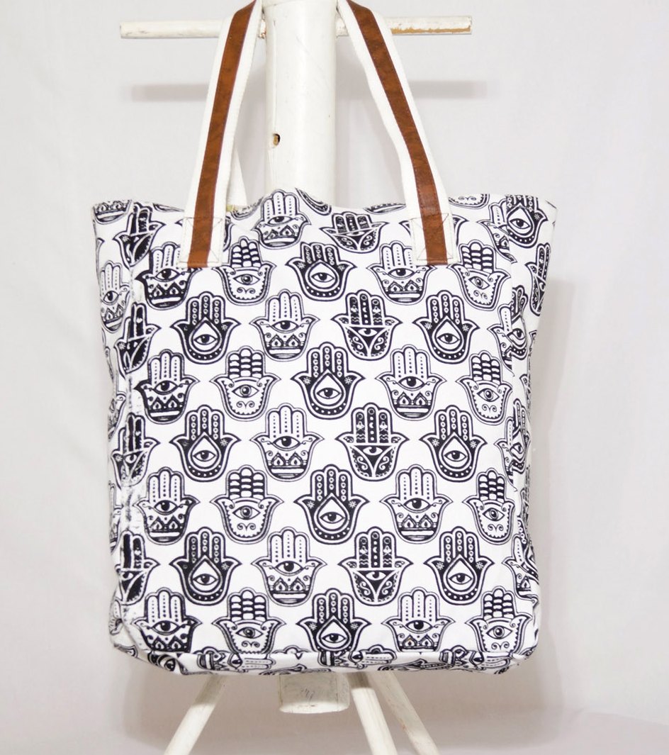 Cotton canvas tote bag with navy and white hamsa print