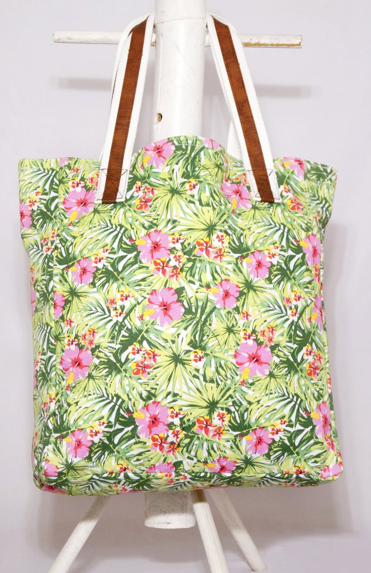 Cotton canvas tote bag with tropical leaf and hibiscus print