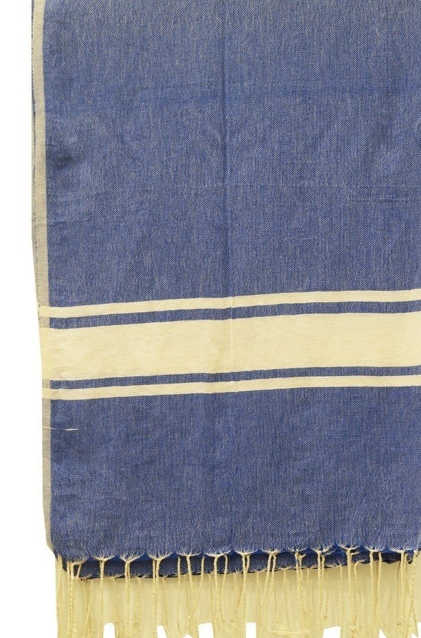 Navy cotton fouta pareo with cream border and fringe