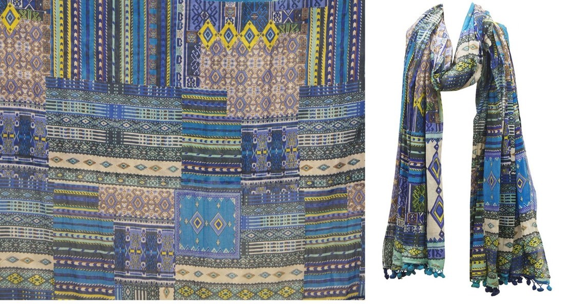 Blue patchwork print cotton stole shown flat and draped, with small tassels