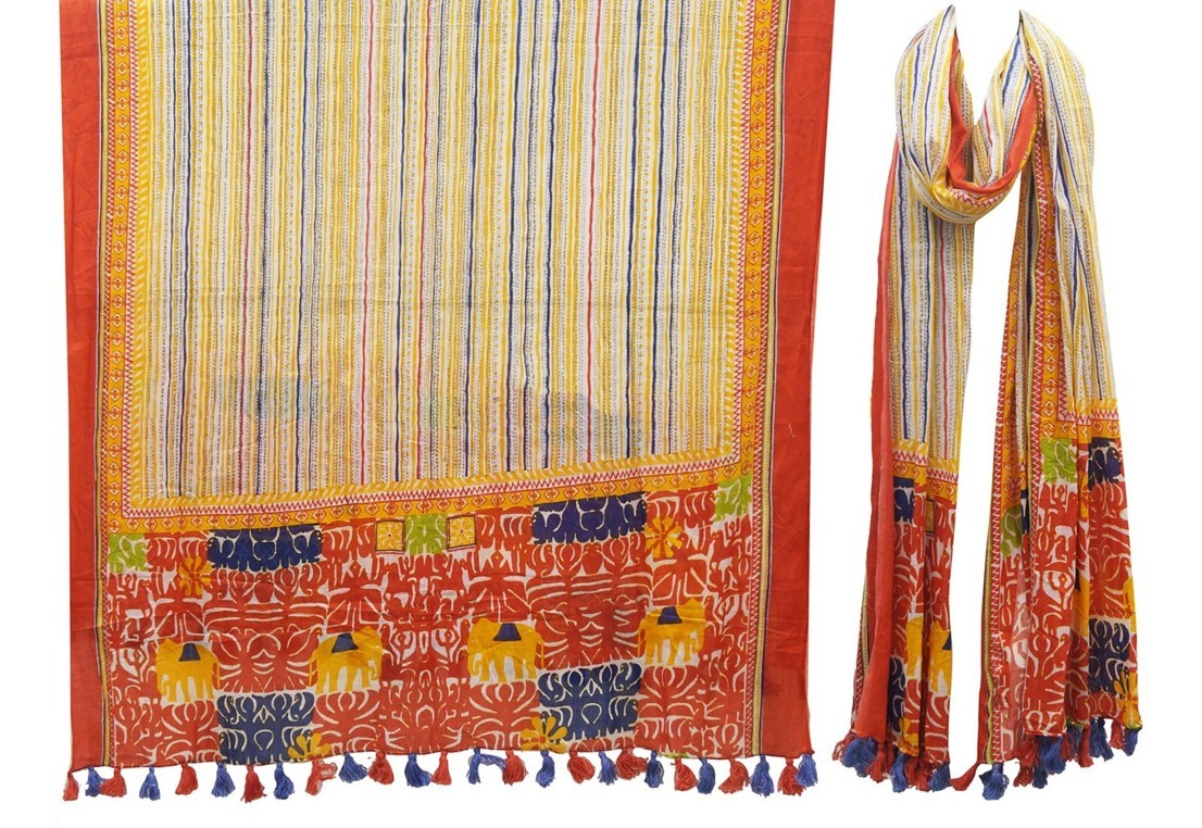 Cotton printed stole with fine stripes, an orange border and blue and orange tassels, shown flat and draped