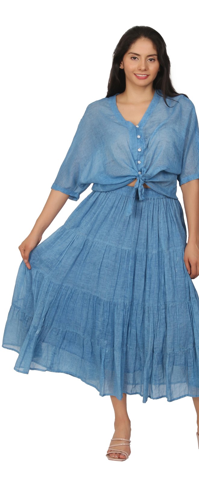 Blue stone-washed cotton tiered skirt with matching top