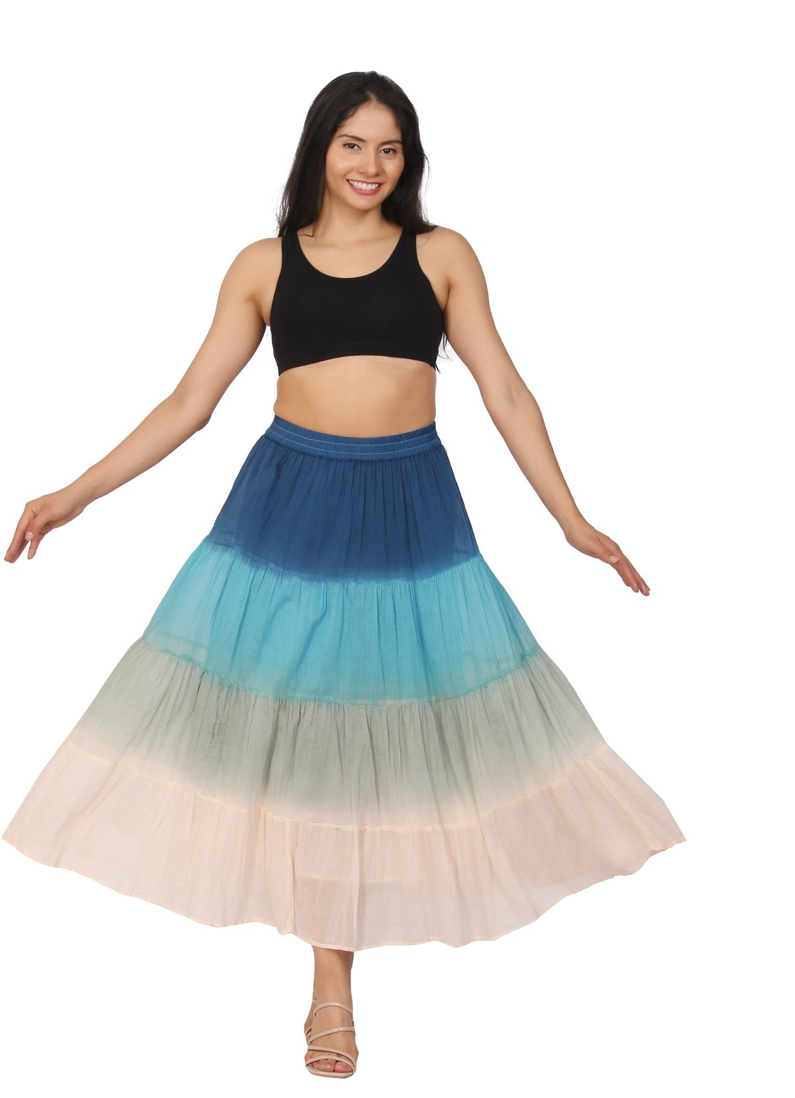 Cotton tiered maxi skirt dip-dyed from indigo to blush