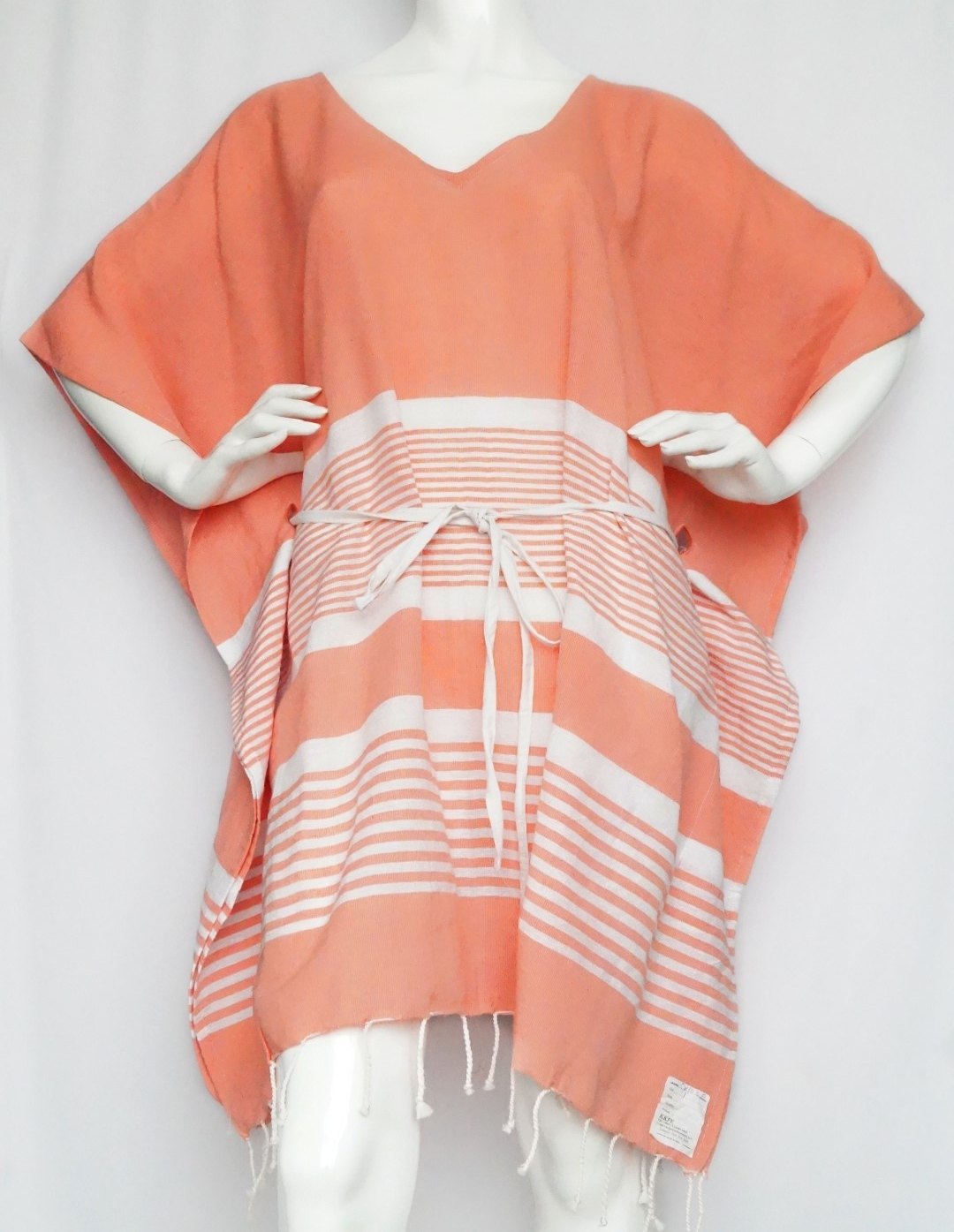 Coral cotton woven poncho with white stripes and tie waist